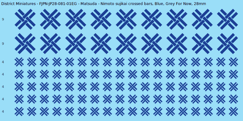Matsuda Clan mon, Blue waterslide decal sheet, Grey For Now banner sizes, 28mm