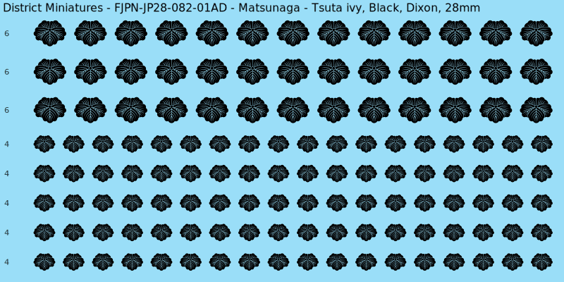 Matsunaga clan mon, Black waterslide decal sheet, Dixon banner sizes, 28mm