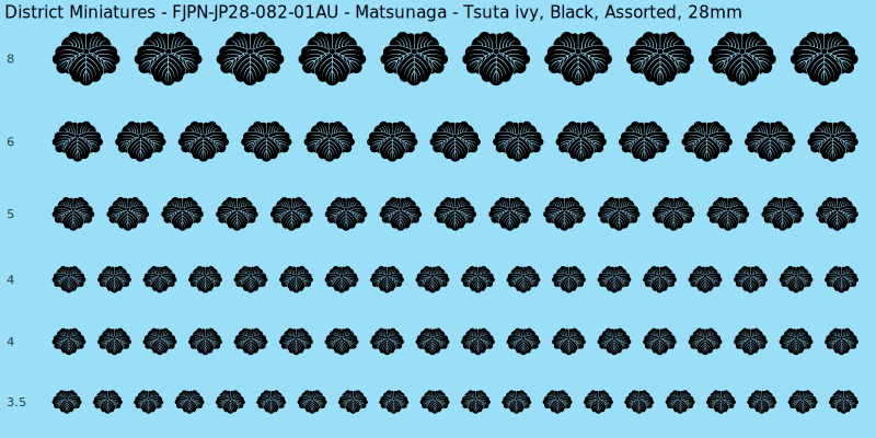 Matsunaga clan mon, Tsuta ivy, Black waterslide decal sheet, 28mm