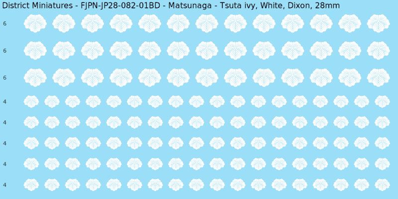 Matsunaga clan mon, White waterslide decal sheet, Dixon banner sizes, 28mm