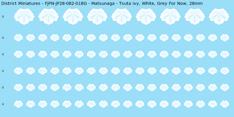 Matsunaga clan mon, White waterslide decal sheet, Grey For Now banner sizes, 28mm