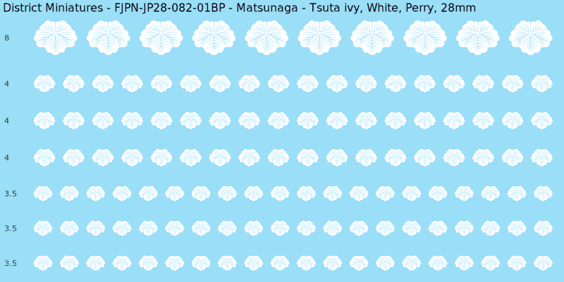 Matsunaga clan mon, White waterslide decal sheet, Perry banner sizes, 28mm