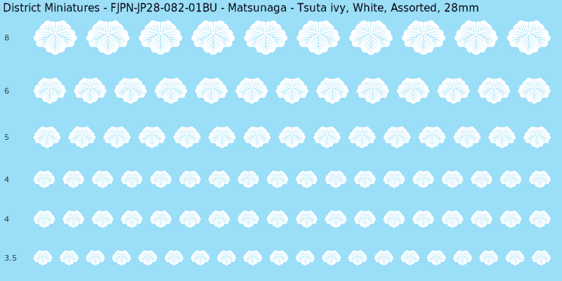 Matsunaga clan mon, White waterslide decal sheet, Assorted banner sizes, 28mm