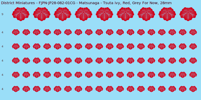 Matsunaga clan mon, Red waterslide decal sheet, Grey For Now banner sizes, 28mm