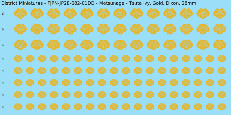 Matsunaga clan mon, Yellow/Gold waterslide decal sheet, Dixon banner sizes, 28mm