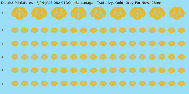 Matsunaga clan mon, Yellow/Gold waterslide decal sheet, Grey For Now banner sizes, 28mm