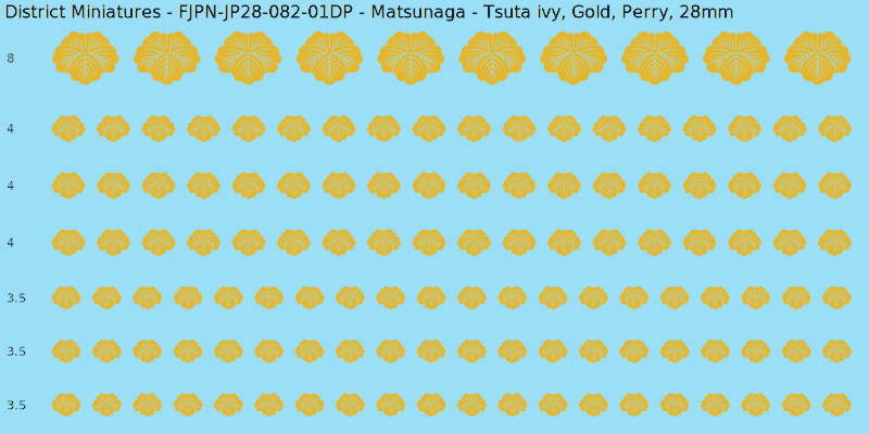 Matsunaga clan mon, Yellow/Gold waterslide decal sheet, Perry banner sizes, 28mm