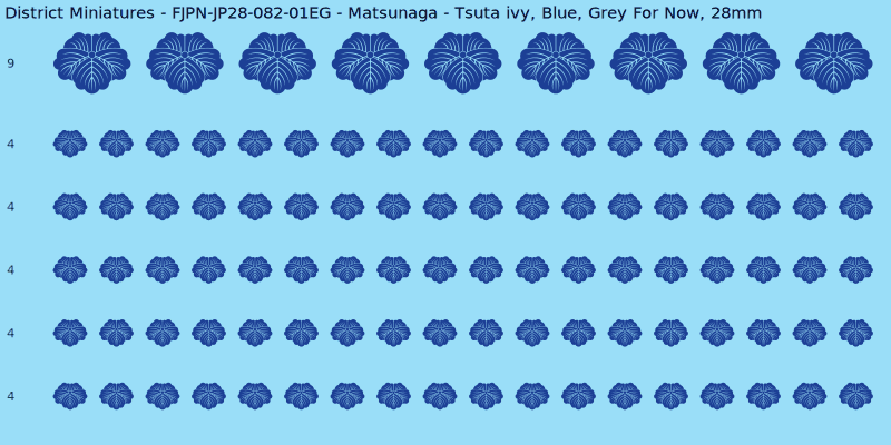 Matsunaga clan mon, Blue waterslide decal sheet, Grey For Now banner sizes, 28mm