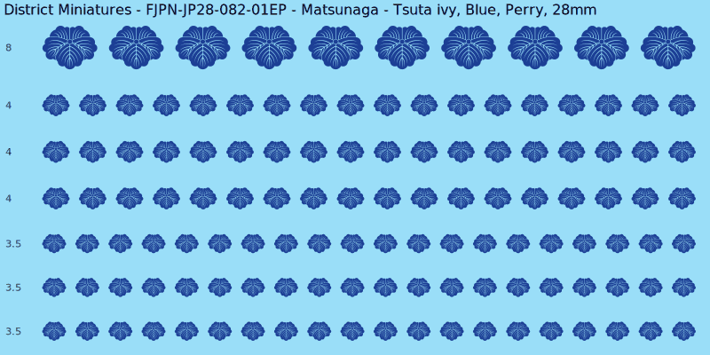 Matsunaga clan mon, Blue waterslide decal sheet, Perry banner sizes, 28mm