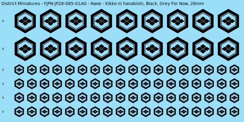 Naoe Clan mon, Black waterslide decal sheet, Grey For Now banner sizes, 28mm