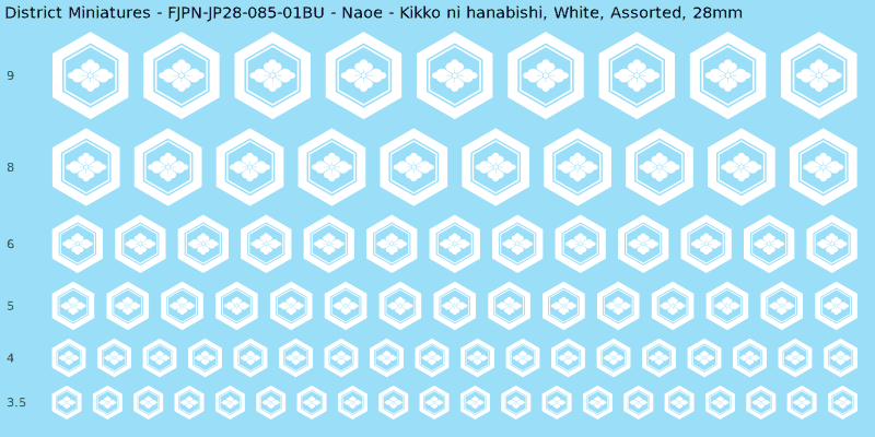 Naoe Clan mon, White waterslide decal sheet, Assorted banner sizes, 28mm