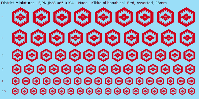Naoe Clan mon, Red waterslide decal sheet, Assorted banner sizes, 28mm