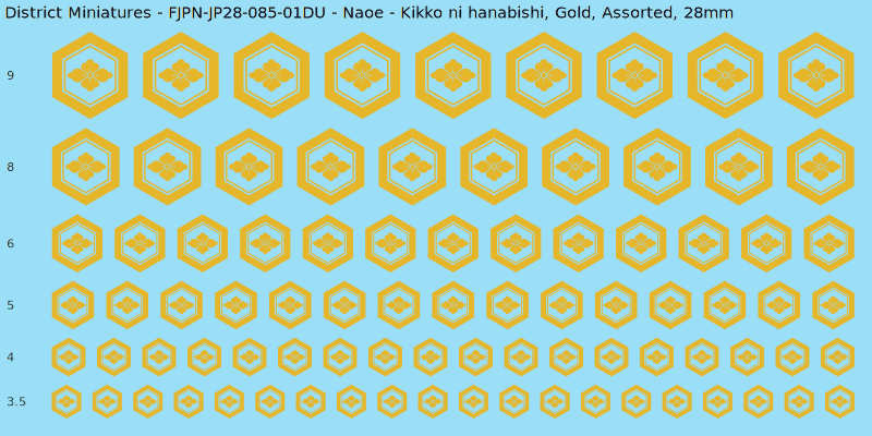 Naoe clan mon, Kikko ni hanabishi, Gold waterslide decal sheet, 28mm