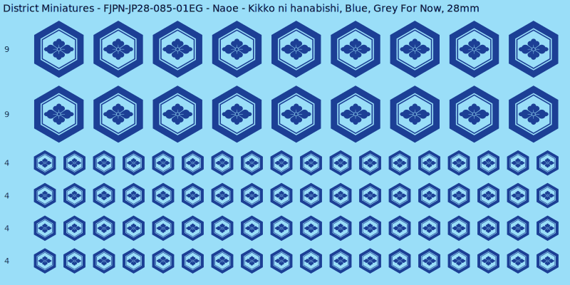 Naoe Clan mon, Blue waterslide decal sheet, Grey For Now banner sizes, 28mm