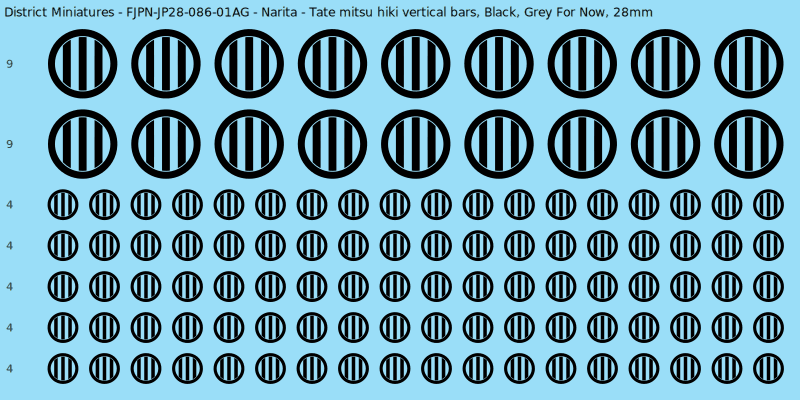 Narita clan mon, Black waterslide decal sheet, Grey For Now banner sizes, 28mm