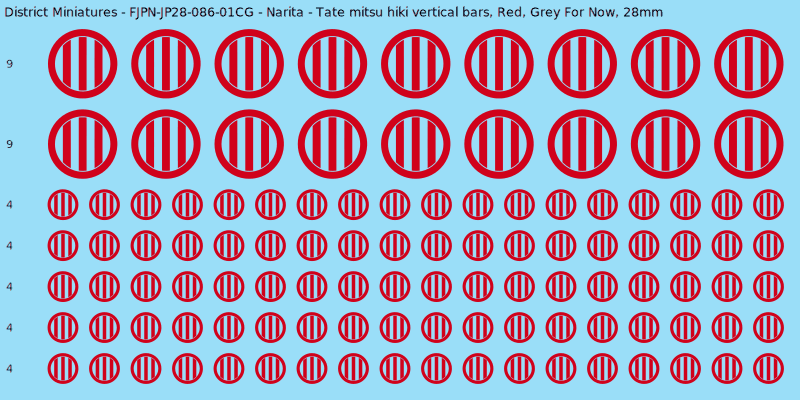 Narita clan mon, Red waterslide decal sheet, Grey For Now banner sizes, 28mm