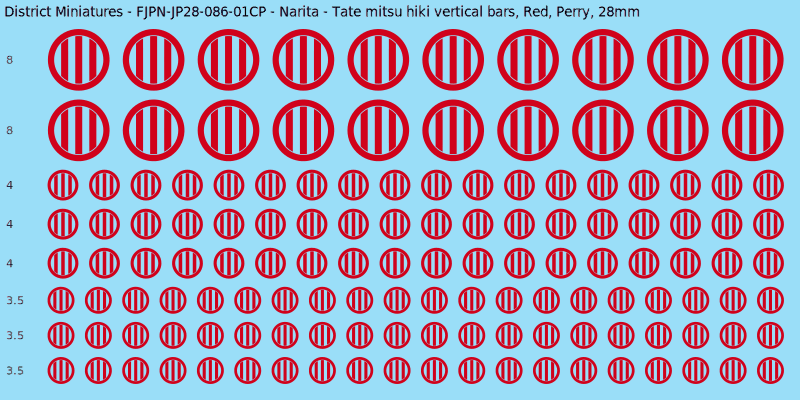 Narita clan mon, Red waterslide decal sheet, Perry banner sizes, 28mm