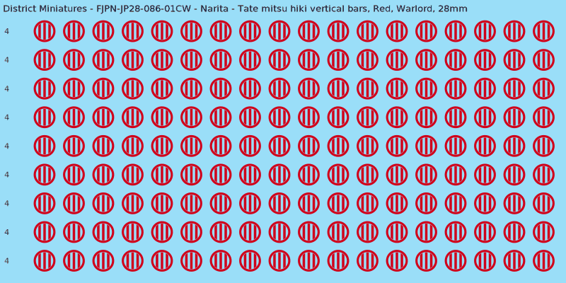 Narita clan mon, Red waterslide decal sheet, Warlord banner sizes, 28mm