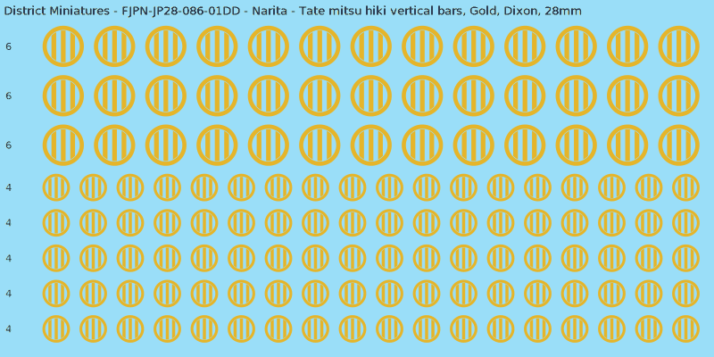 Narita clan mon, Yellow/Gold waterslide decal sheet, Dixon banner sizes, 28mm