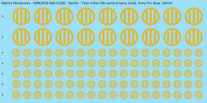 Narita clan mon, Yellow/Gold waterslide decal sheet, Grey For Now banner sizes, 28mm