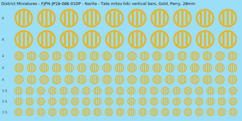 Narita clan mon, Yellow/Gold waterslide decal sheet, Perry banner sizes, 28mm