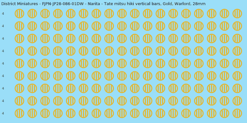 Narita clan mon, Yellow/Gold waterslide decal sheet, Warlord banner sizes, 28mm