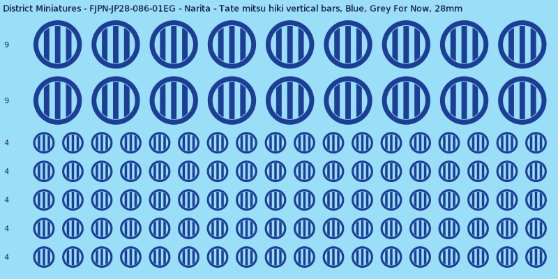 Narita clan mon, Blue waterslide decal sheet, Grey For Now banner sizes, 28mm