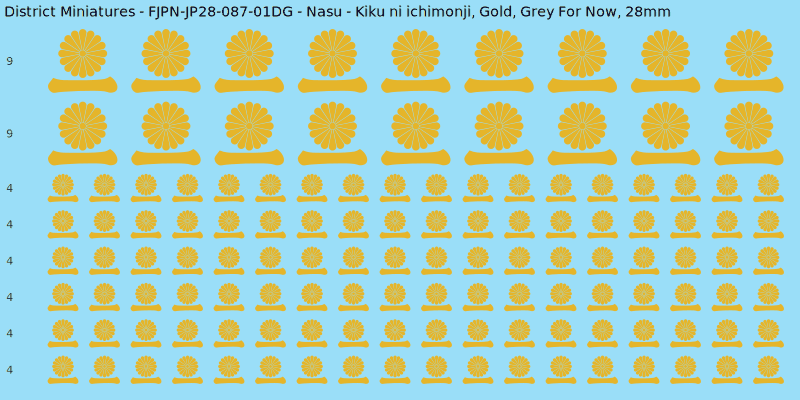 Nasu clan mon, Yellow/Gold waterslide decal sheet, Grey For Now banner sizes, 28mm