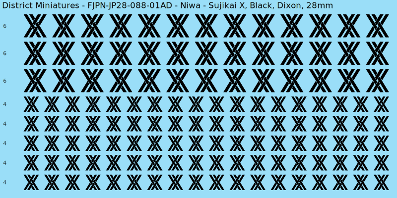 Niwa clan mon, Black waterslide decal sheet, Dixon banner sizes, 28mm