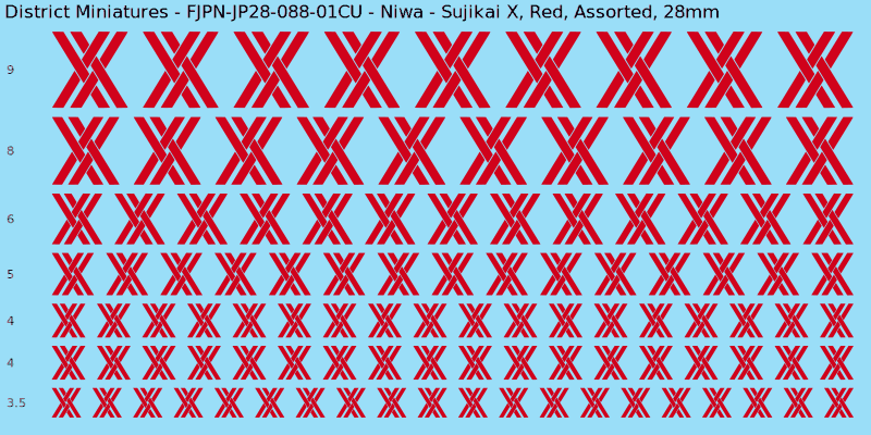 Niwa clan mon, Red waterslide decal sheet, Assorted banner sizes, 28mm