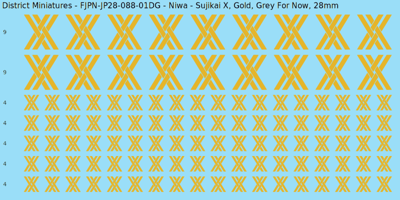 Niwa clan mon, Yellow/Gold waterslide decal sheet, Grey For Now banner sizes, 28mm