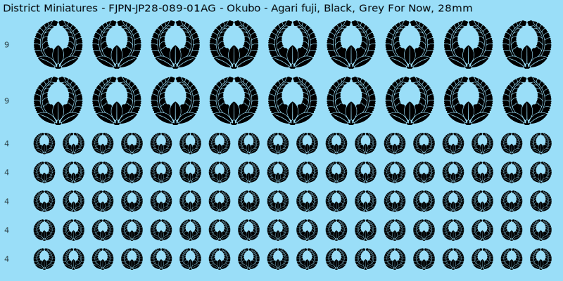 Okubo clan mon, Black waterslide decal sheet, Grey For Now banner sizes, 28mm