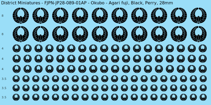 Okubo clan mon, Black waterslide decal sheet, Perry banner sizes, 28mm