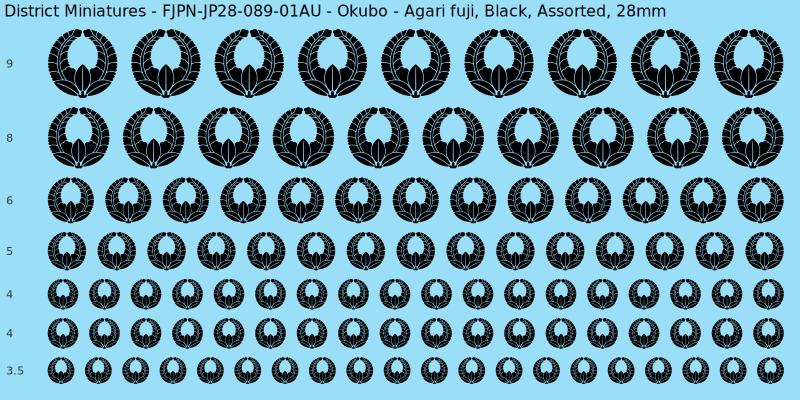 Okubo clan mon, Agari fuji, Black waterslide decal sheet, 28mm
