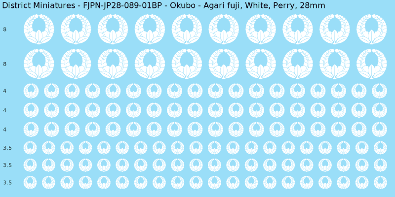 Okubo clan mon, White waterslide decal sheet, Perry banner sizes, 28mm