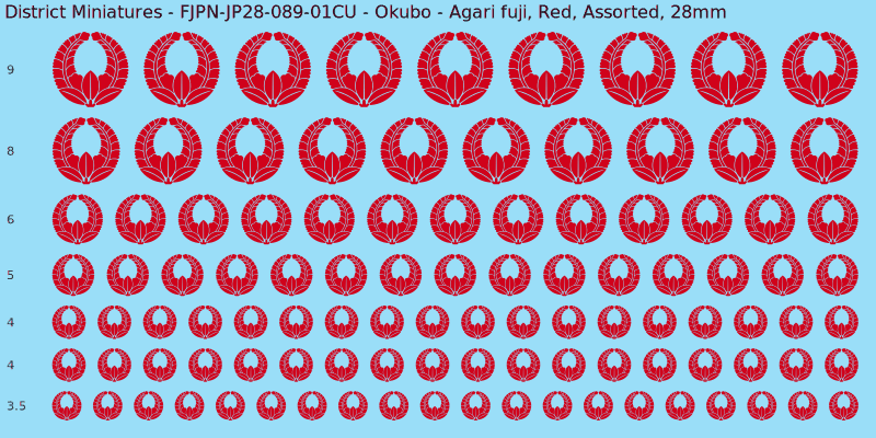 Okubo clan mon, Agari fuji, Red waterslide decal sheet, 28mm