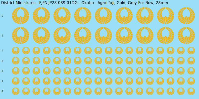 Okubo clan mon, Yellow/Gold waterslide decal sheet, Grey For Now banner sizes, 28mm