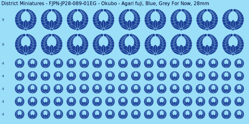 Okubo clan mon, Blue waterslide decal sheet, Grey For Now banner sizes, 28mm
