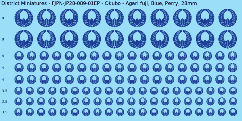 Okubo clan mon, Blue waterslide decal sheet, Perry banner sizes, 28mm