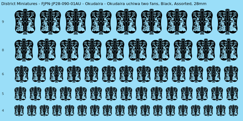 Okudaira clan mon, Okudaira uchiwa two fans, Black waterslide decal sheet, 28mm