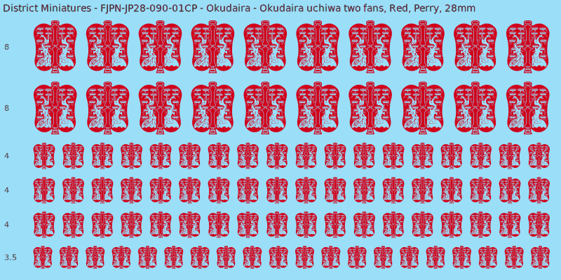 Okudaira clan mon, Red waterslide decal sheet, Perry banner sizes, 28mm