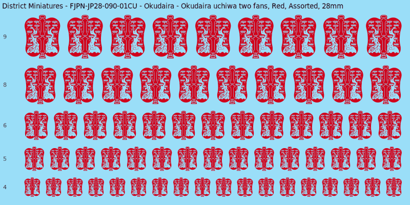 Okudaira clan mon, Okudaira uchiwa two fans, Red waterslide decal sheet, 28mm