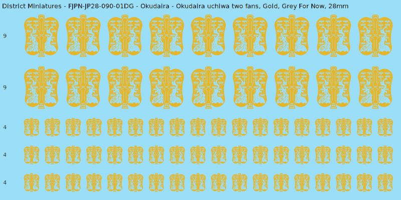 Okudaira clan mon, Yellow/Gold waterslide decal sheet, Grey For Now banner sizes, 28mm