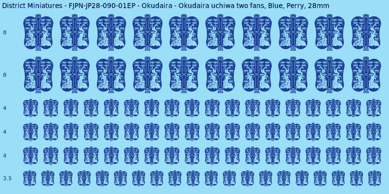 Okudaira clan mon, Blue waterslide decal sheet, Perry banner sizes, 28mm
