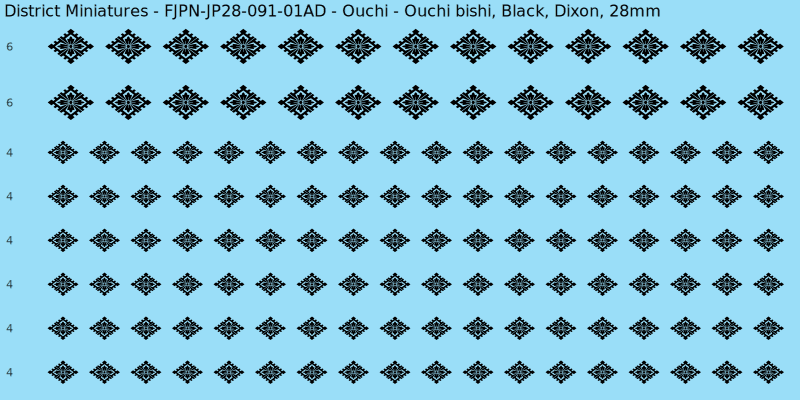 Ouchi clan mon, Black waterslide decal sheet, Dixon banner sizes, 28mm