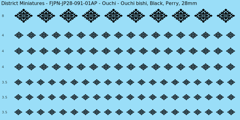 Ouchi clan mon, Black waterslide decal sheet, Perry banner sizes, 28mm