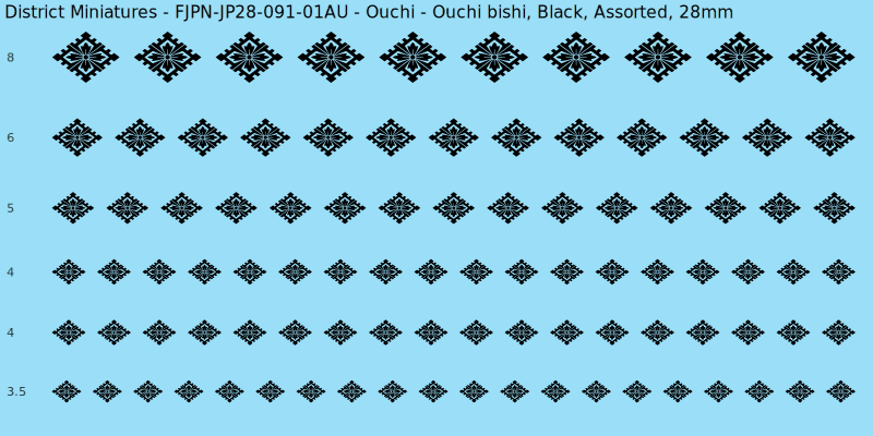 Ouchi clan mon, Ouchi bishi, Black waterslide decal sheet, 28mm