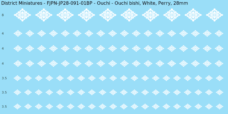 Ouchi clan mon, White waterslide decal sheet, Perry banner sizes, 28mm