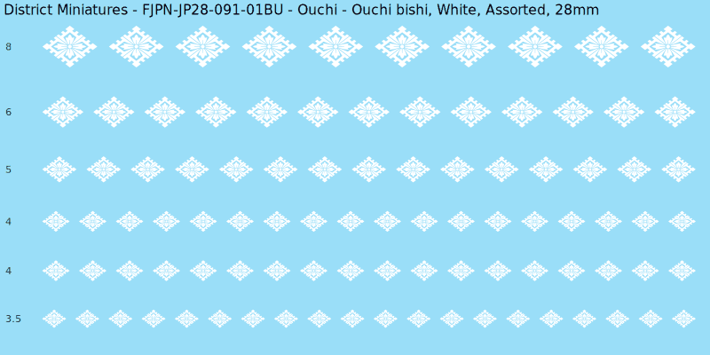 Ouchi clan mon, White waterslide decal sheet, Assorted banner sizes, 28mm