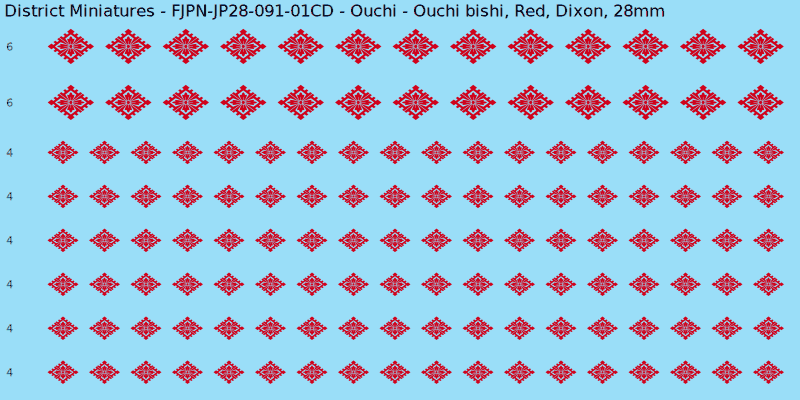 Ouchi clan mon, Red waterslide decal sheet, Dixon banner sizes, 28mm
